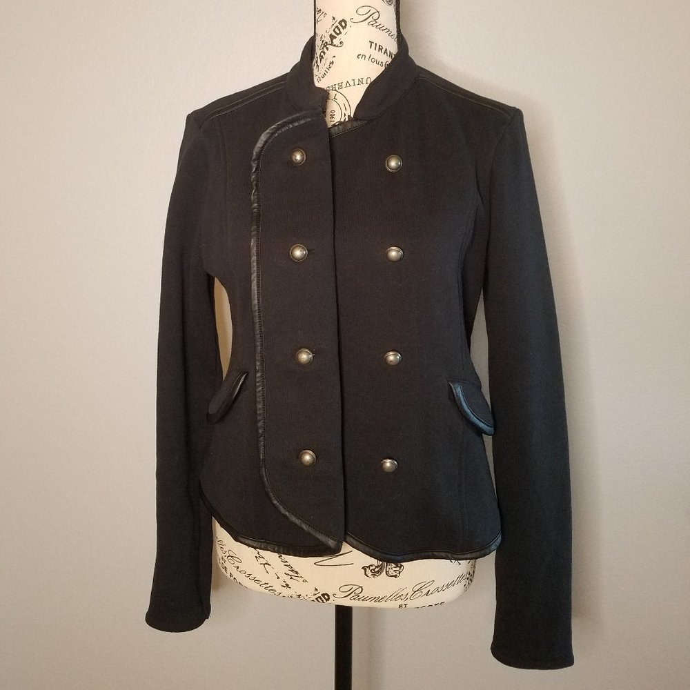 Navy Blue Military Look Blazer w/Faux Leather Trim